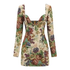 NWT Micas Jacquard Floral Tapestry Long Sleeve Mini Dress Low Cut Neckline SM